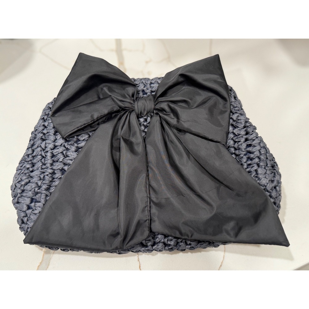 Vineyard Vines Woven Paper Straw Clutch Bag with Large Black Bow Accent